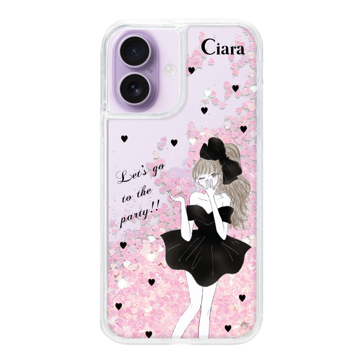 iPhone17 グリッター オイルクリアケース ブラックリボン ピンク