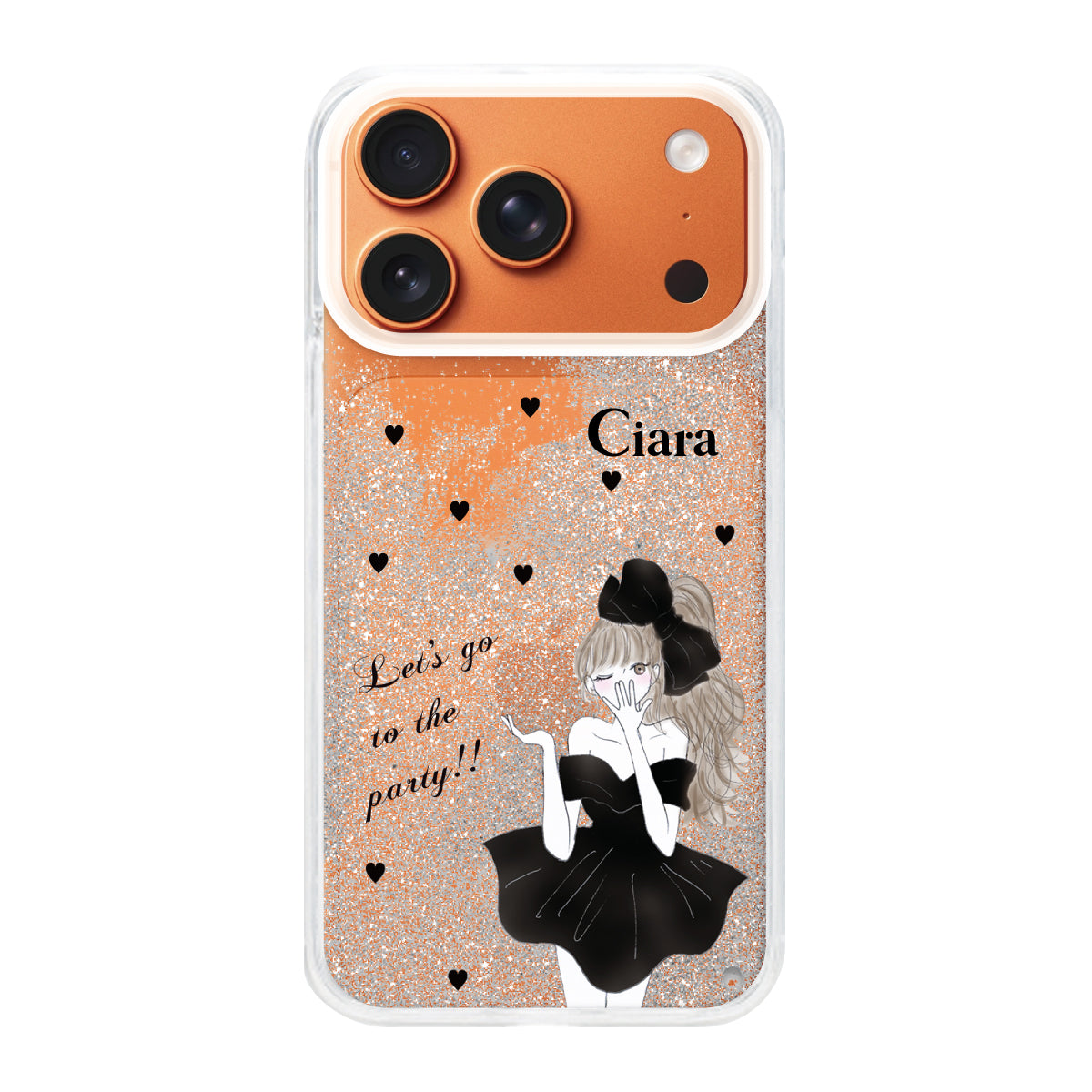 iPhone17ProMax グリッター オイルクリアケース ブラックリボン シルバー