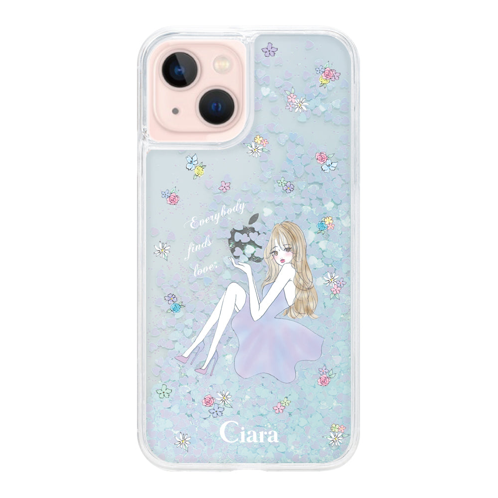 iPhone13 グリッター オイルクリアケース ラベンダーガール ブルー