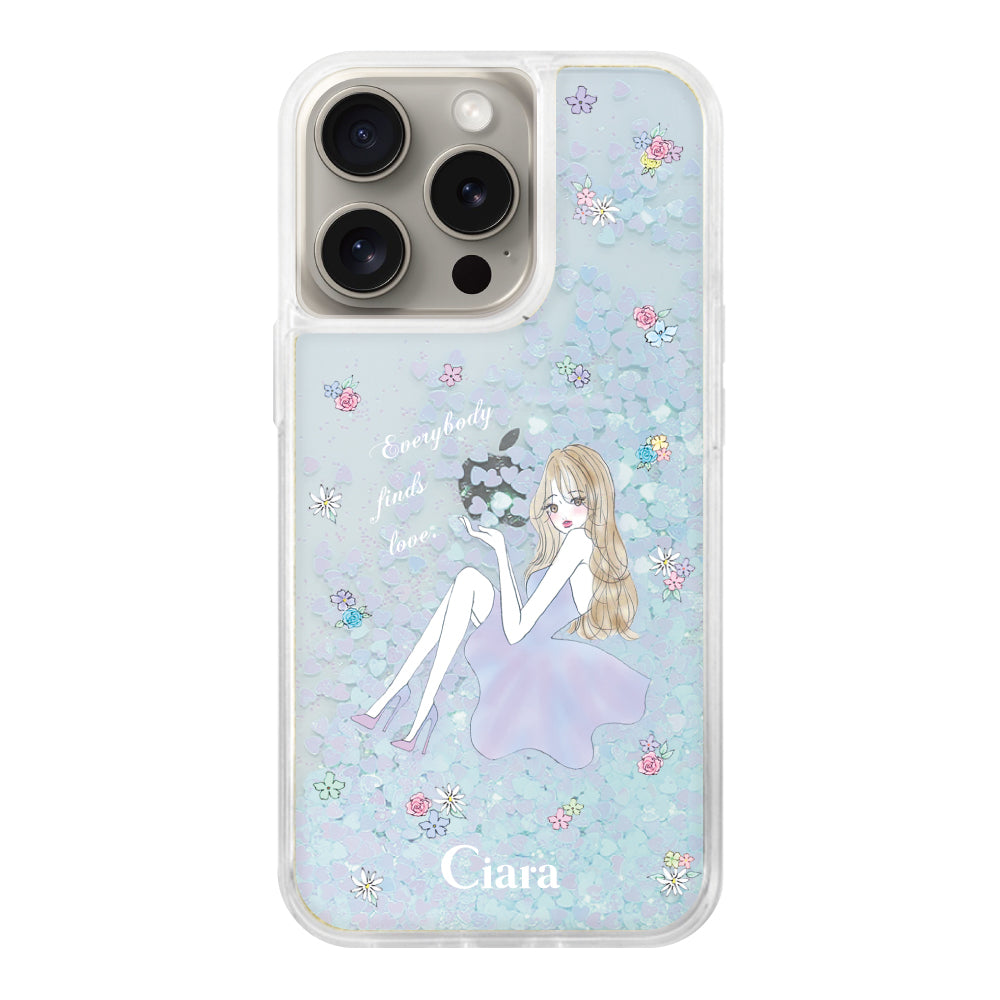 iPhone15Pro グリッター オイルクリアケース ラベンダーガール ブルー