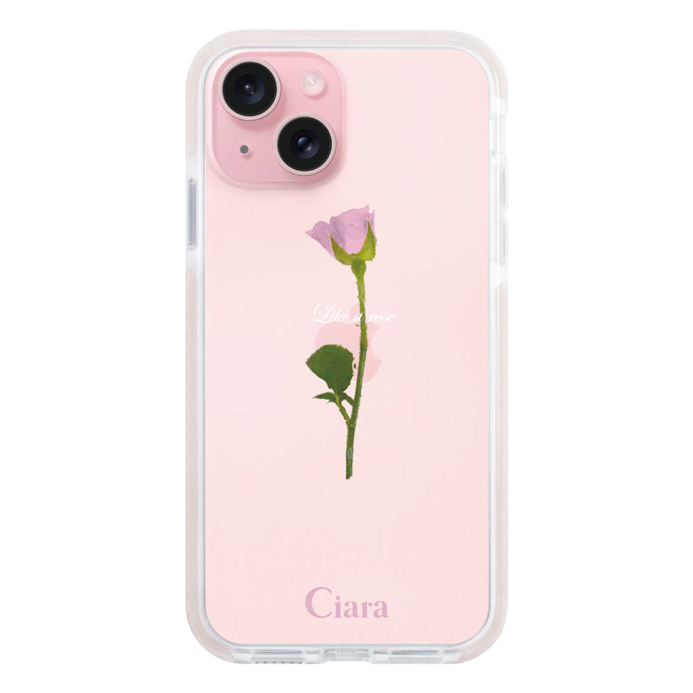iPhone15 クッションバンパー 耐衝撃クリアケース ウォーターローズ ピンク