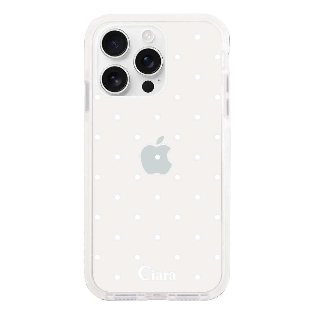 iPhone16ProMax クッションバンパー 耐衝撃クリアケース スウィートドット ホワイト