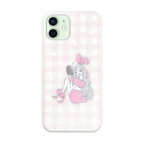 iPhone12mini ハイブリッド クリアケース ピンクバニー ピンクチェック