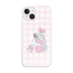 iPhone14 ハイブリッド クリアケース ピンクバニー ピンクチェック