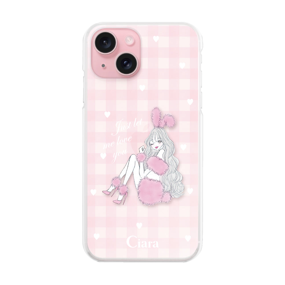 iPhone15 ハイブリッド クリアケース ピンクバニー ピンクチェック