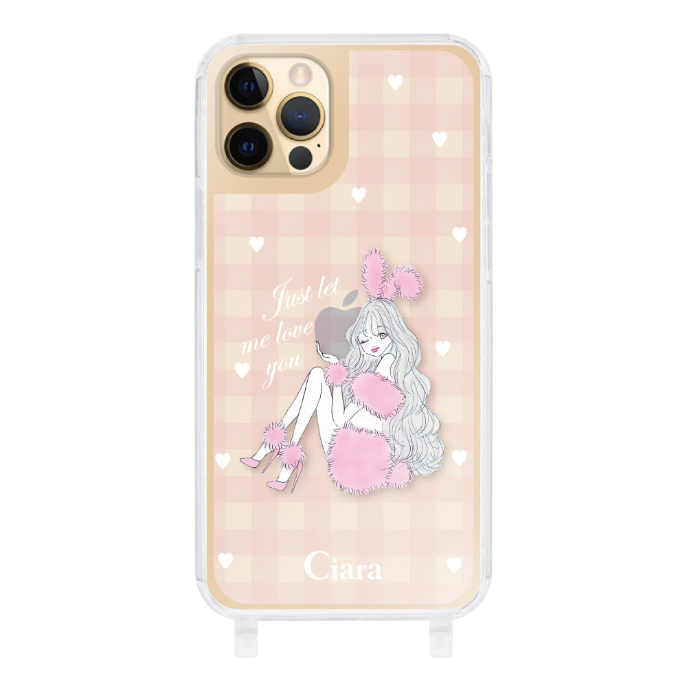 iPhone11Pro ストラップクリアケース ピンクバニー ピンクチェック