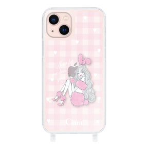 iPhone13 ストラップクリアケース ピンクバニー ピンクチェック