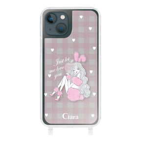 iPhone13mini ストラップクリアケース ピンクバニー ピンクチェック