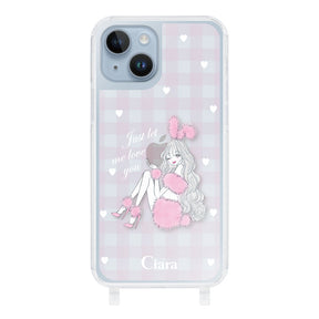 iPhone14Plus ストラップクリアケース ピンクバニー ピンクチェック