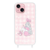 iPhone15 ストラップクリアケース ピンクバニー ピンクチェック