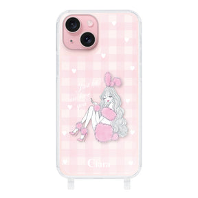 iPhone15 ストラップクリアケース ピンクバニー ピンクチェック