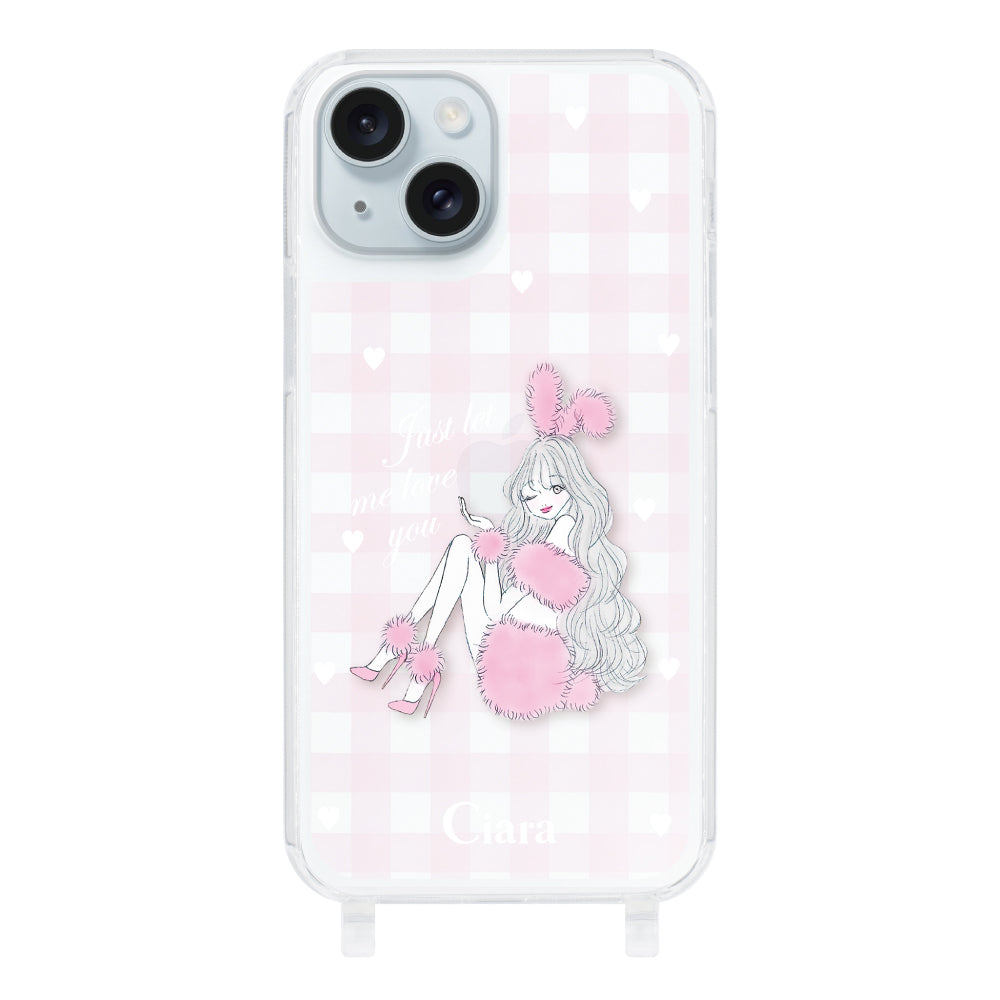 iPhone15Plus ストラップクリアケース ピンクバニー ピンクチェック