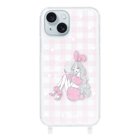 iPhone15Plus ストラップクリアケース ピンクバニー ピンクチェック