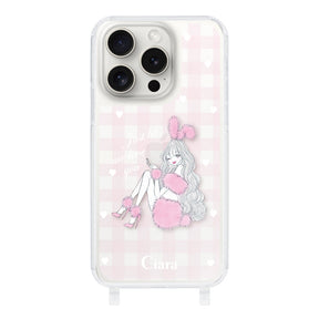 iPhone15ProMax ストラップクリアケース ピンクバニー ピンクチェック