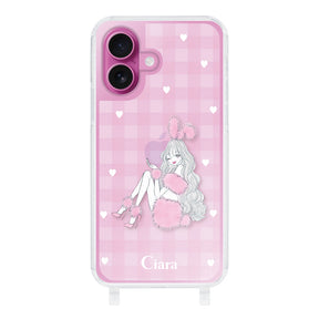 iPhone16 ストラップクリアケース ピンクバニー ピンクチェック