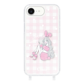 iPhone16e ストラップクリアケース ピンクバニー ピンクチェック