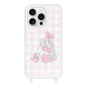 iPhone16ProMax ストラップクリアケース ピンクバニー ピンクチェック