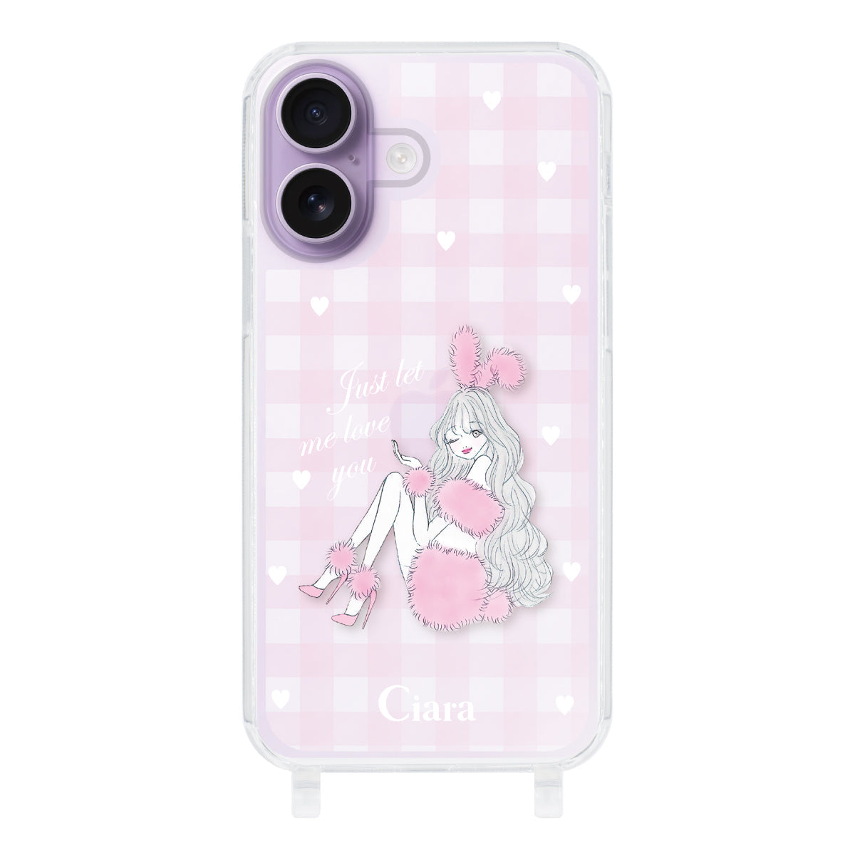 iPhone17 ストラップクリアケース ピンクバニー ピンクチェック