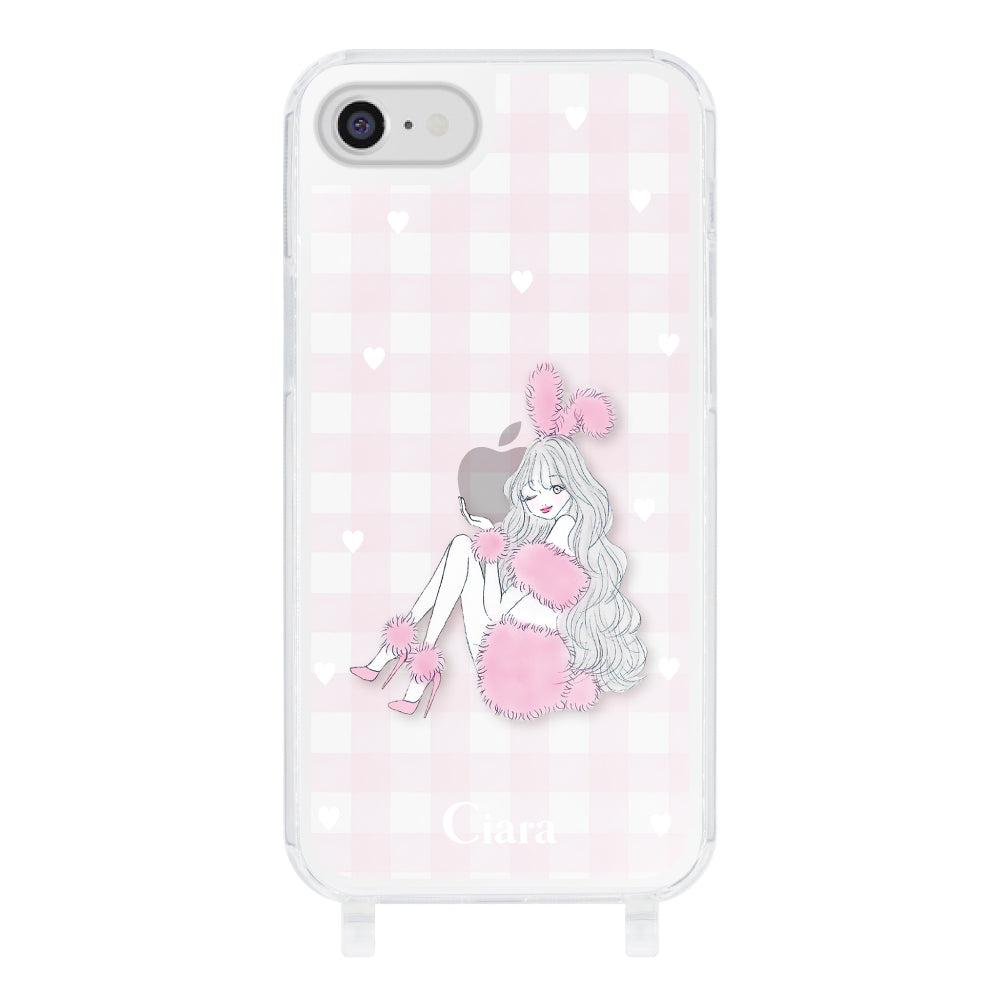 iPhone7/8 ストラップクリアケース ピンクバニー ピンクチェック