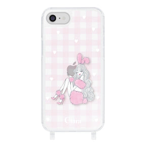 iPhone7/8 ストラップクリアケース ピンクバニー ピンクチェック