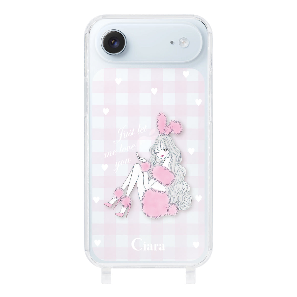 iPhoneAir ストラップクリアケース ピンクバニー ピンクチェック