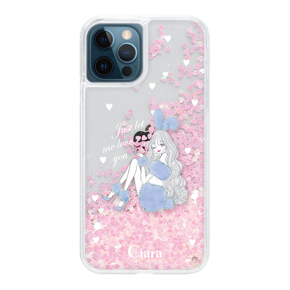 iPhone12ProMax グリッター オイルクリアケース ブルーバニー ピンク