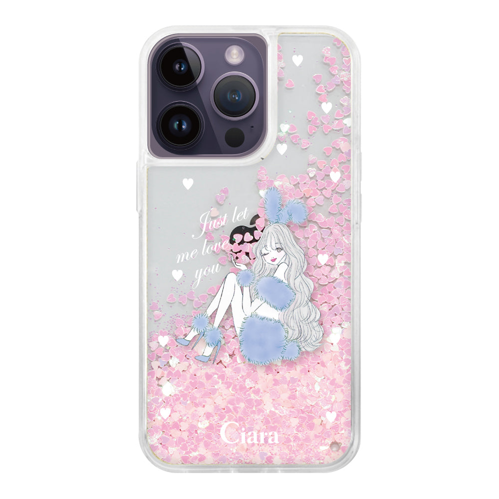 iPhone14ProMax グリッター オイルクリアケース ブルーバニー ピンク