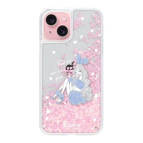 iPhone15 グリッター オイルクリアケース ブルーバニー ピンク