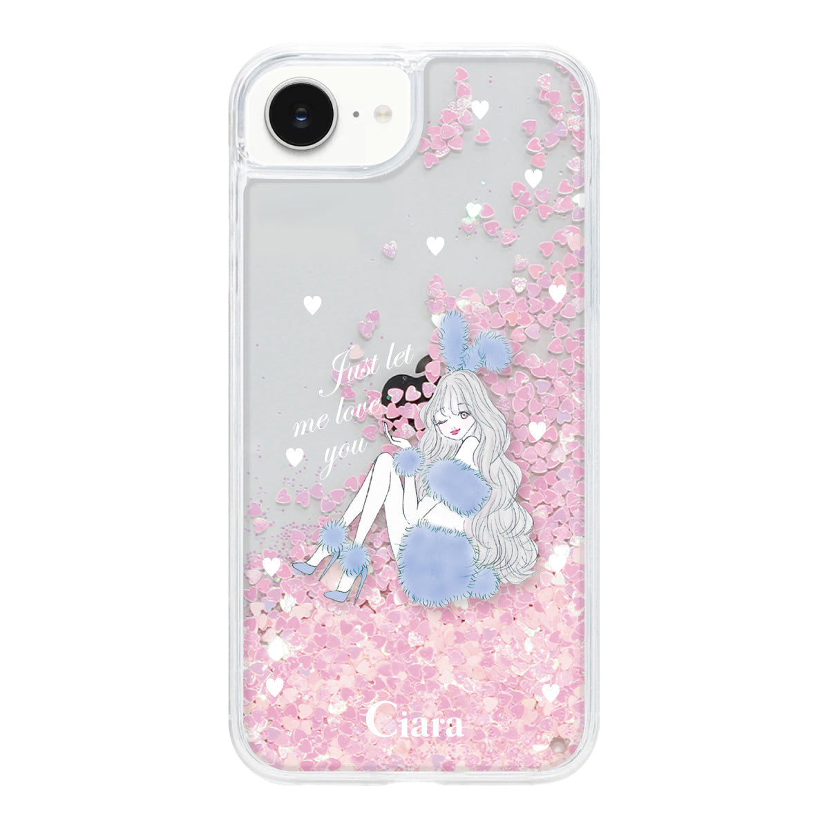 iPhone16e グリッター オイルクリアケース ブルーバニー ピンク