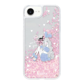 iPhone16e グリッター オイルクリアケース ブルーバニー ピンク