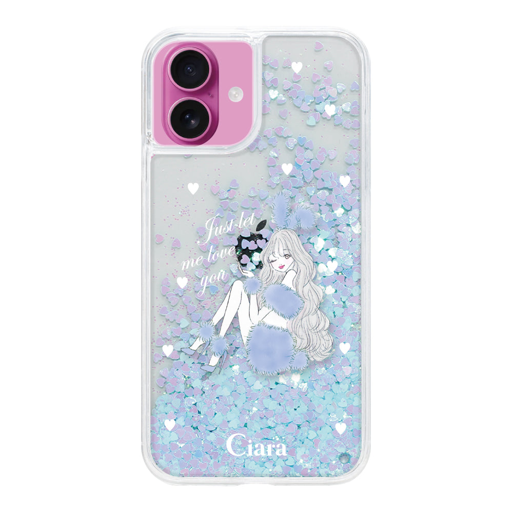 iPhone16 グリッター オイルクリアケース ブルーバニー ブルー