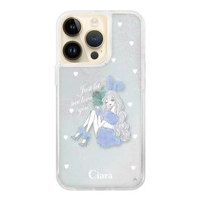 iPhone14Pro グリッター オイルクリアケース ブルーバニー ホワイト