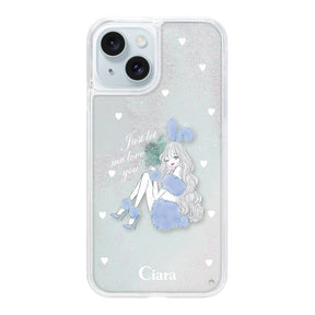iPhone15Plus グリッター オイルクリアケース ブルーバニー ホワイト