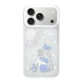 iPhone17Pro グリッター オイルクリアケース ブルーバニー ホワイト