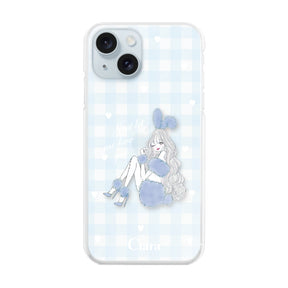 iPhone15Plus ハイブリッド クリアケース ブルーバニー ブルーチェック
