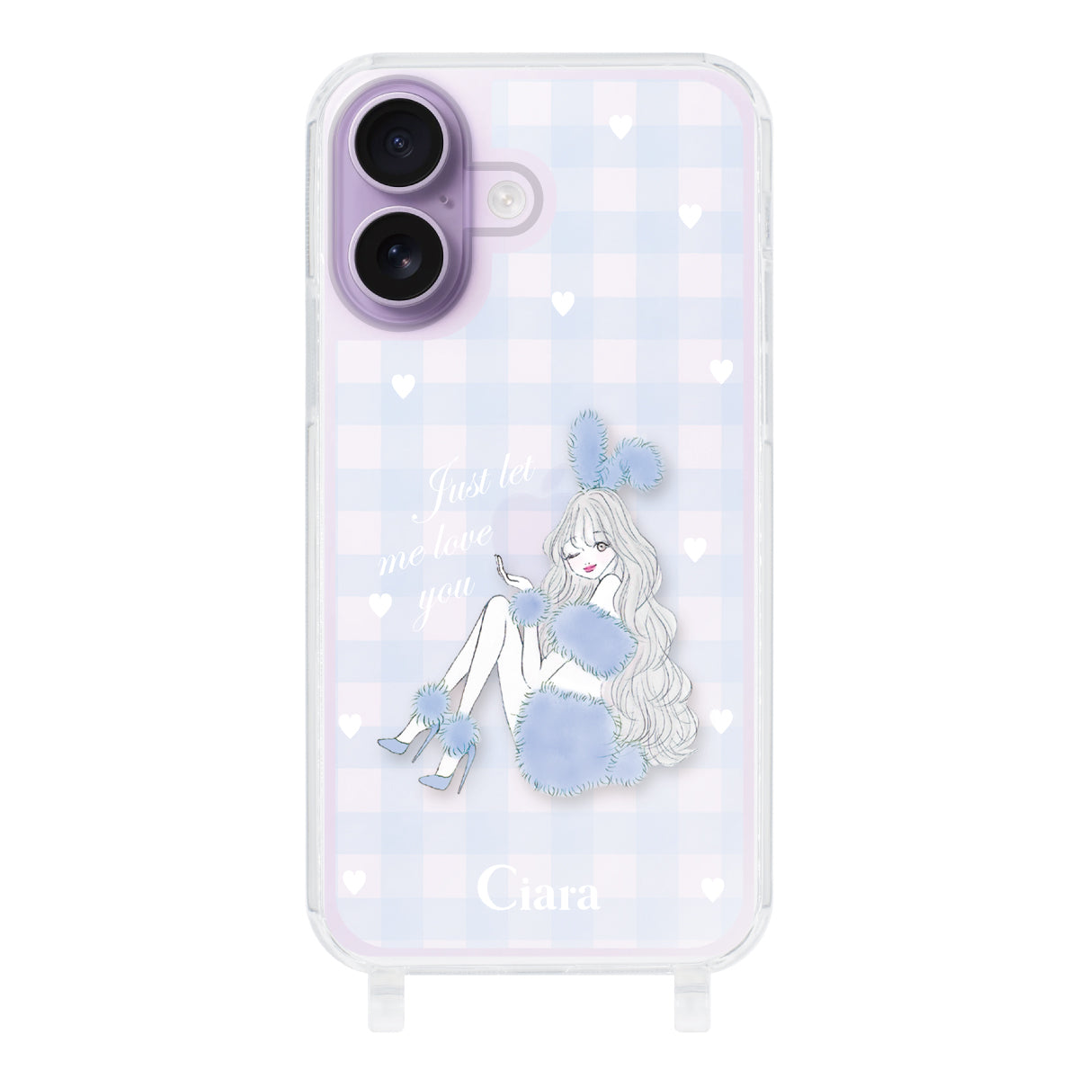 iPhone17 ストラップクリアケース ブルーバニー ブルーチェック
