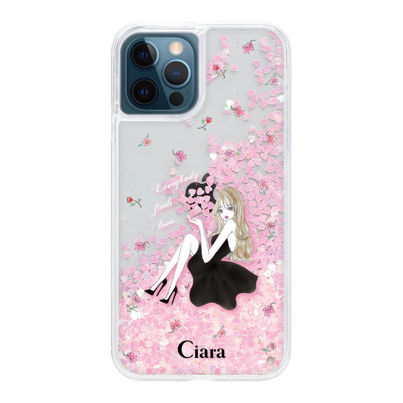 iPhoneケース グリッター オイルクリアケース ラベンダーブラックガール