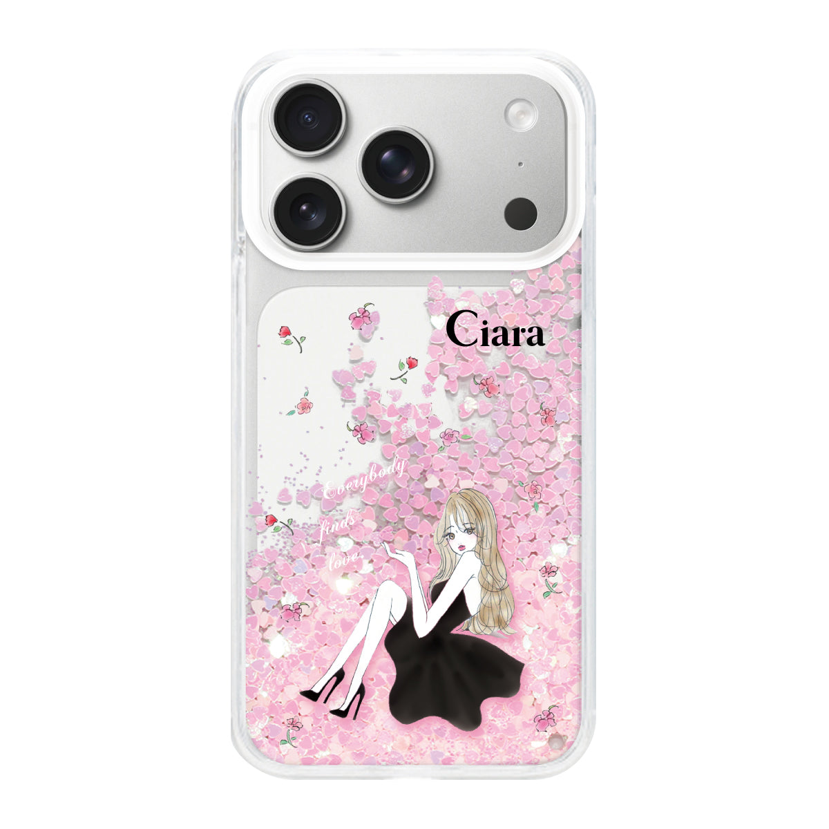 iPhone17Pro グリッター オイルクリアケース ラベンダーブラックガール ピンク