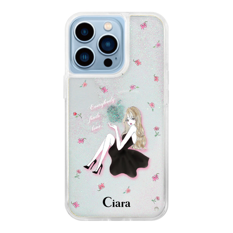 iPhoneケース グリッター オイルクリアケース ラベンダーブラックガール