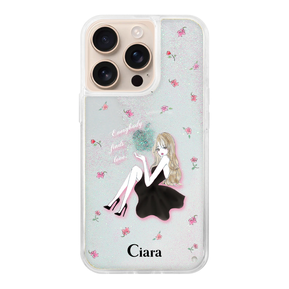 iPhoneケース グリッター オイルクリアケース ラベンダーブラックガール