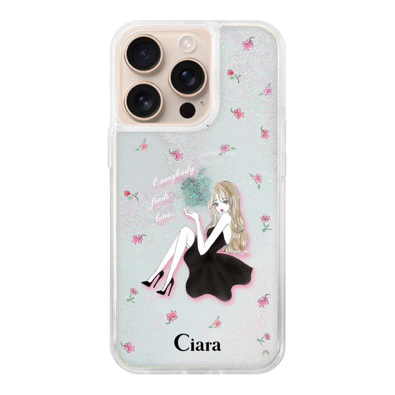 iPhoneケース グリッター オイルクリアケース ラベンダーブラックガール