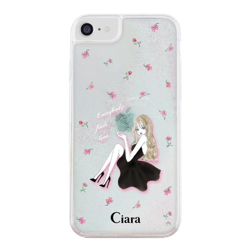 iPhoneケース グリッター オイルクリアケース ラベンダーブラックガール