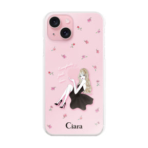 iPhone15 ハイブリッド クリアケース ラベンダーブラックガール ピンク