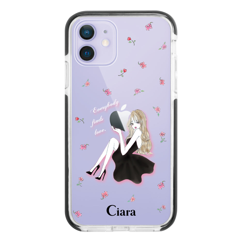 iPhone12/12Pro クッションバンパー 耐衝撃クリアケース ラベンダーブラックガール クリア
