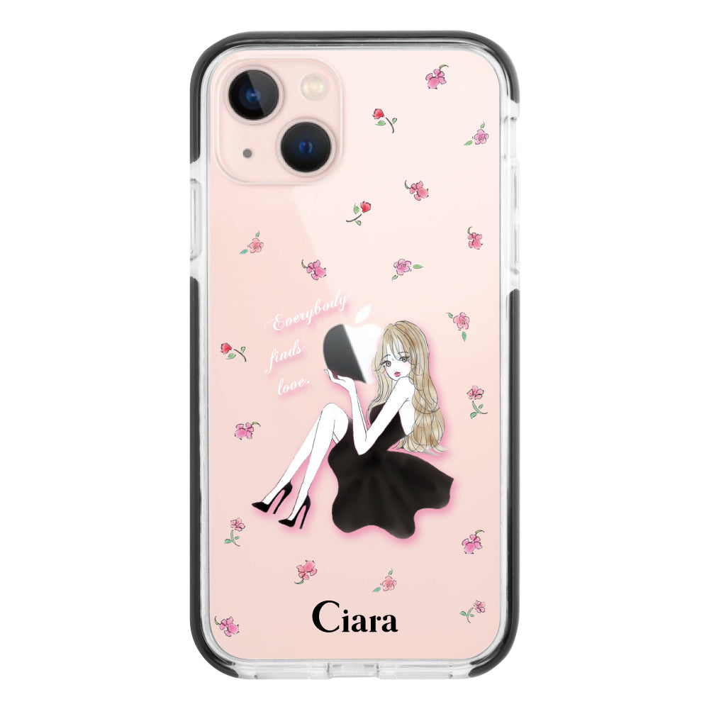 iPhone13 クッションバンパー 耐衝撃クリアケース ラベンダーブラックガール クリア