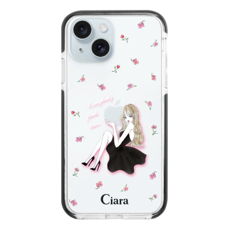 iPhone15Plus クッションバンパー 耐衝撃クリアケース ラベンダーブラックガール クリア