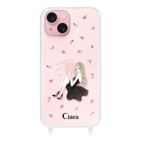 iPhone15 ストラップクリアケース ラベンダーブラックガール クリア