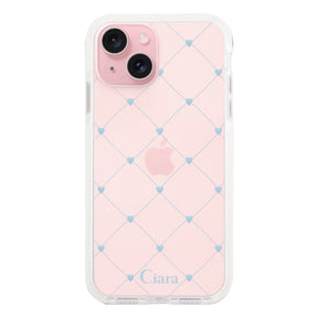 iPhone15 クッションバンパー 耐衝撃クリアケース ハートキルティング ブルー