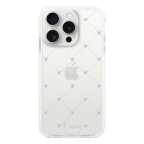 iPhone15ProMax クッションバンパー 耐衝撃クリアケース ハートキルティング ブルー