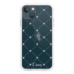 iPhone13mini クッションバンパー 耐衝撃クリアケース ハートキルティング パープル